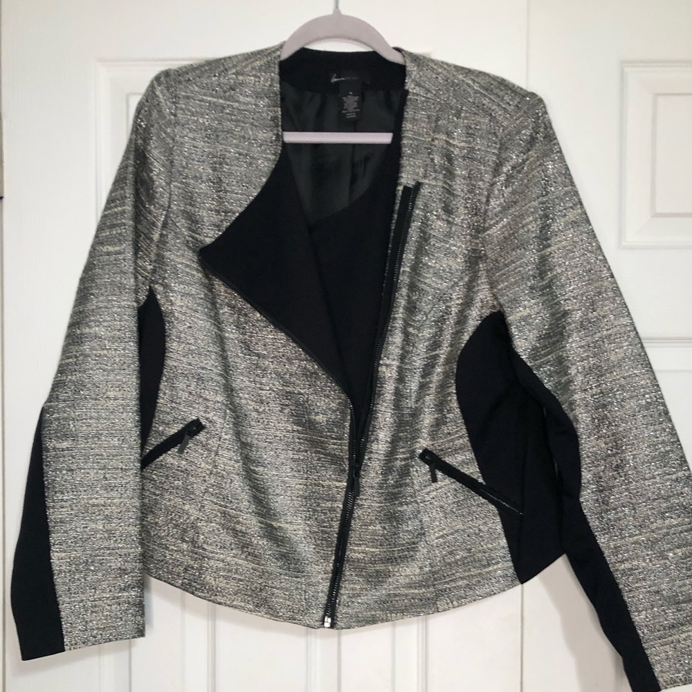 Lane Bryant silver metallic black blazer jacket size 18 plus Asymmetrical zipper